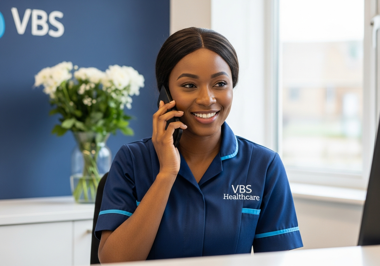 VBS Healthcare care advisor smiling on the phone at a modern desk in a bright Oxfordshire office reception