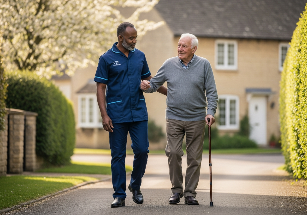 VBS Healthcare carer supporting an older man on a walk along a leafy Oxfordshire residential street