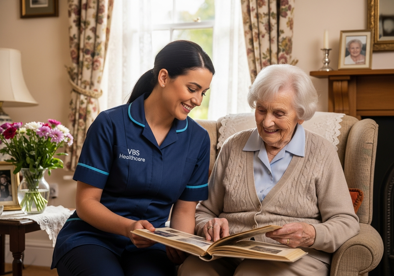 VBS Healthcare carer sitting with an elderly woman looking through a family photo album in a sunlit Oxfordshire cottage