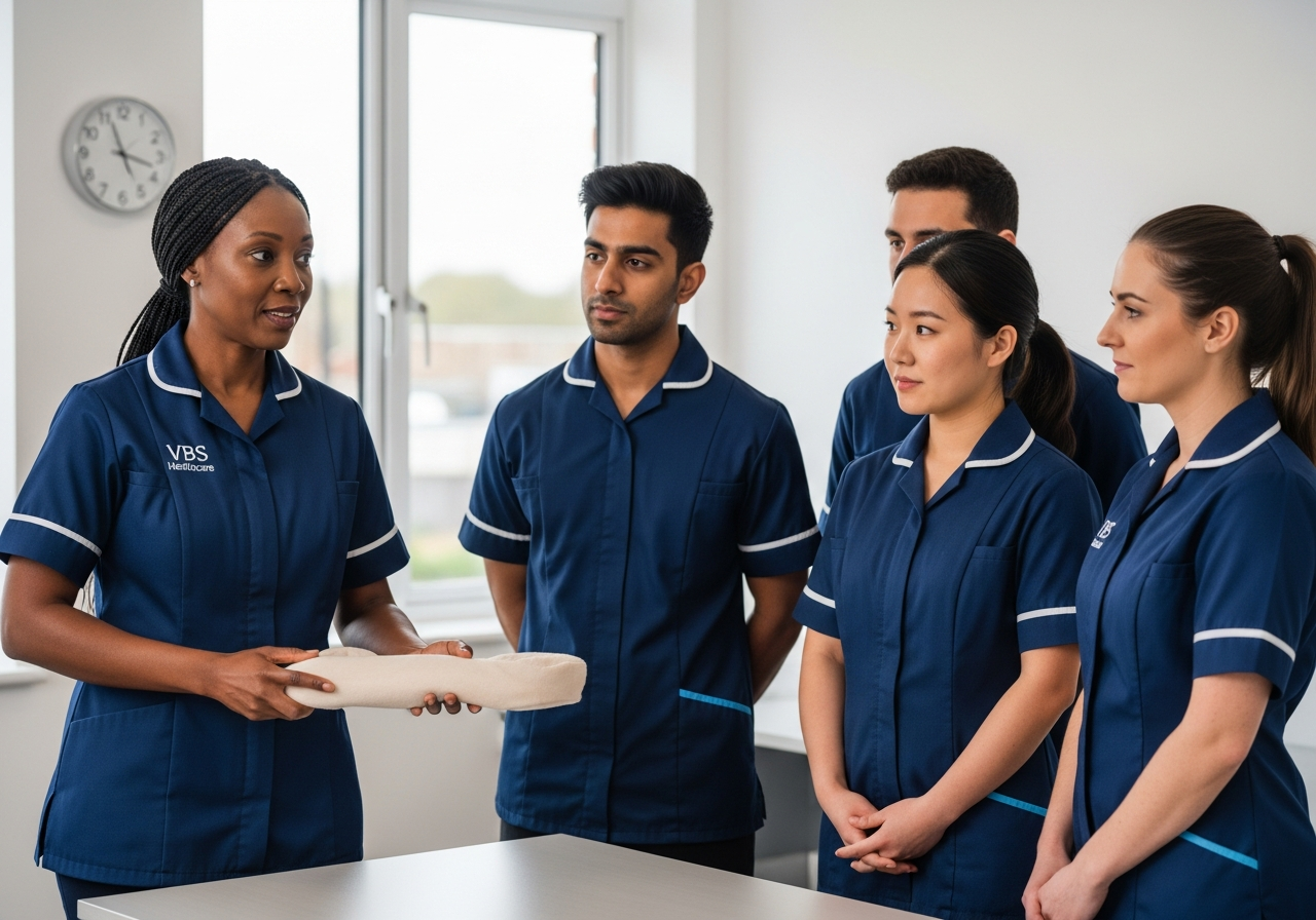 VBS Healthcare trainer demonstrating moving and handling techniques to trainees in a modern Oxfordshire training room