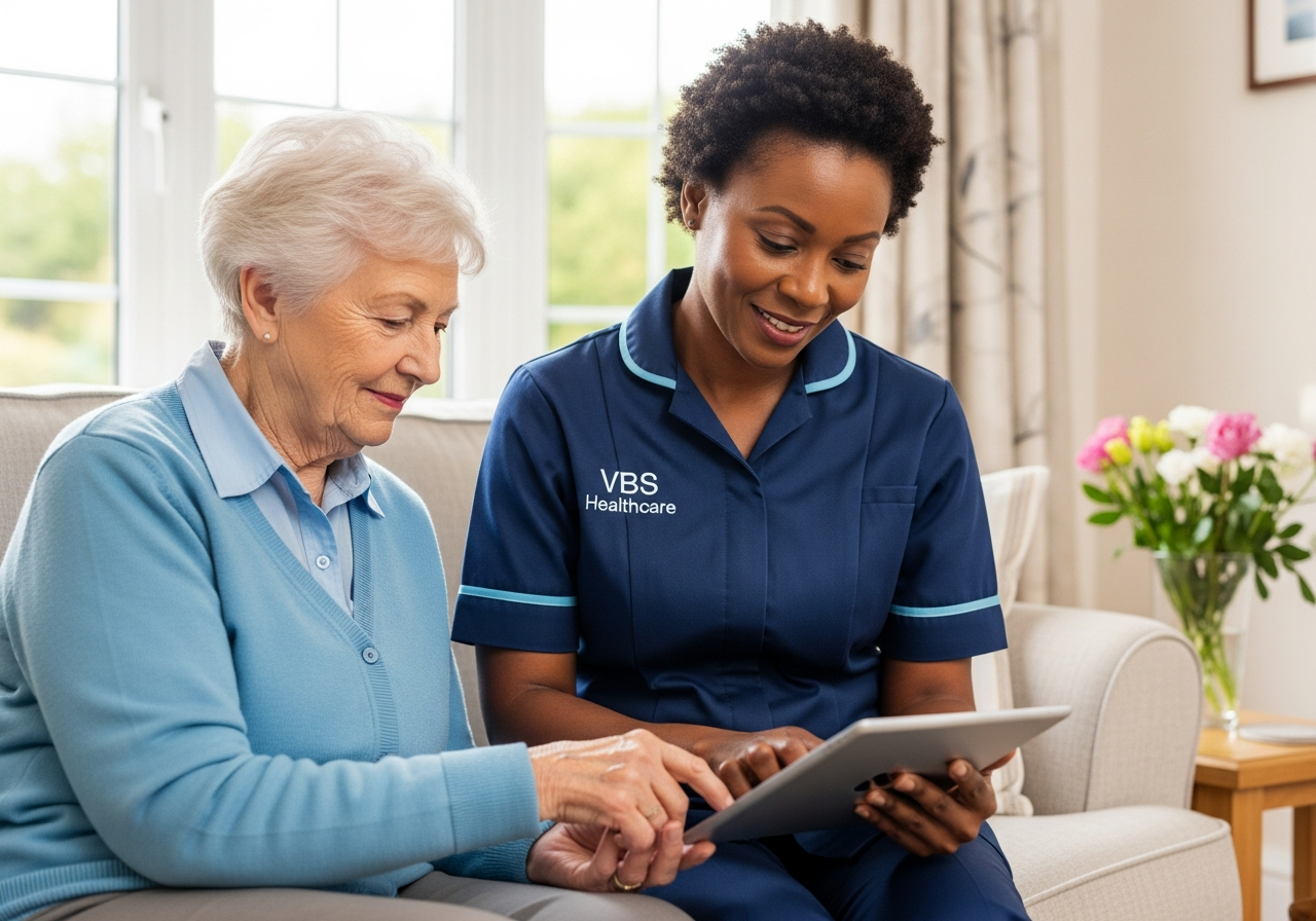 Senior VBS Healthcare carer gently helping an older woman into an armchair in a sunlit Oxfordshire living room