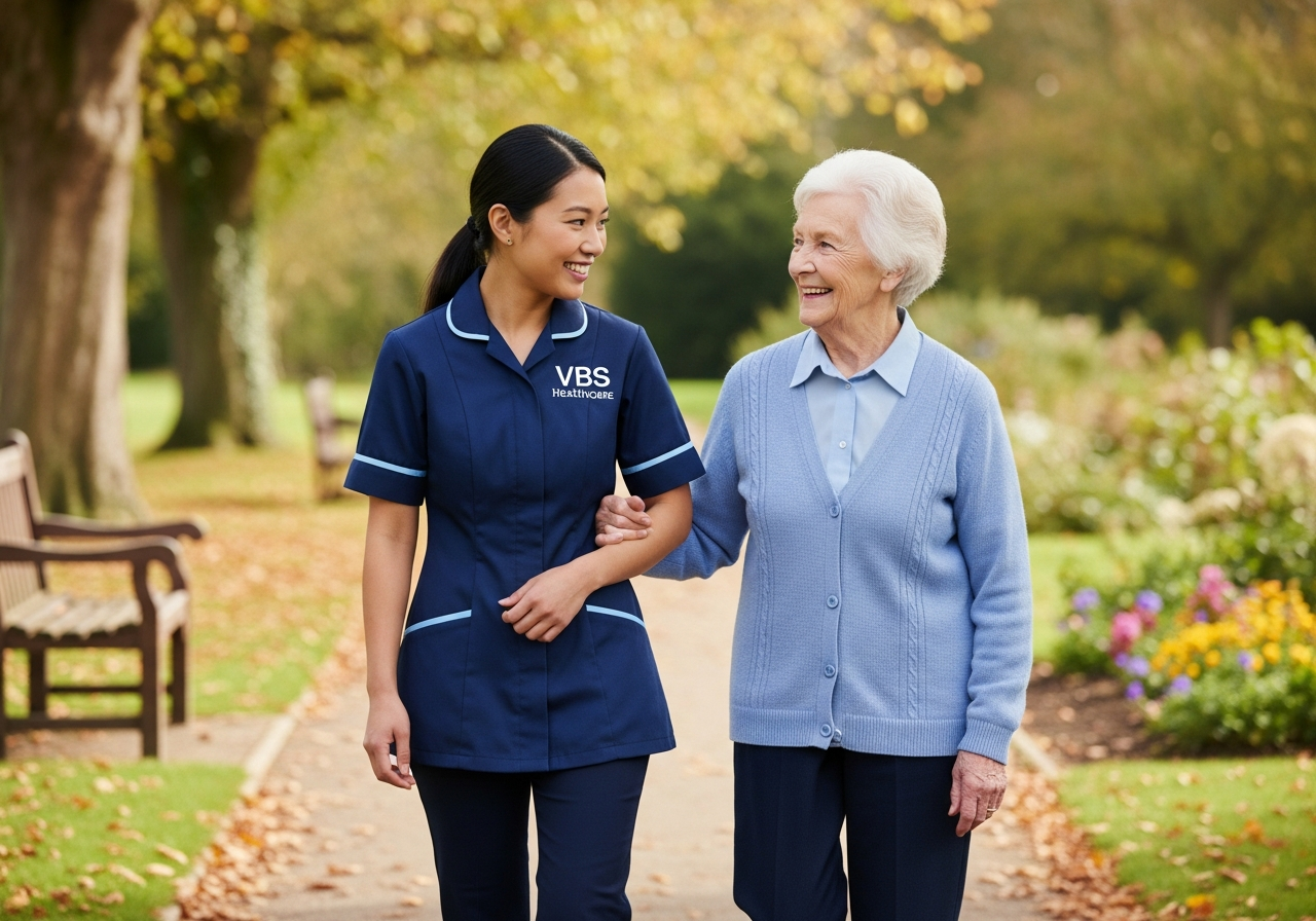 VBS Healthcare carer walking arm-in-arm with an older woman through a softly lit Oxfordshire village park