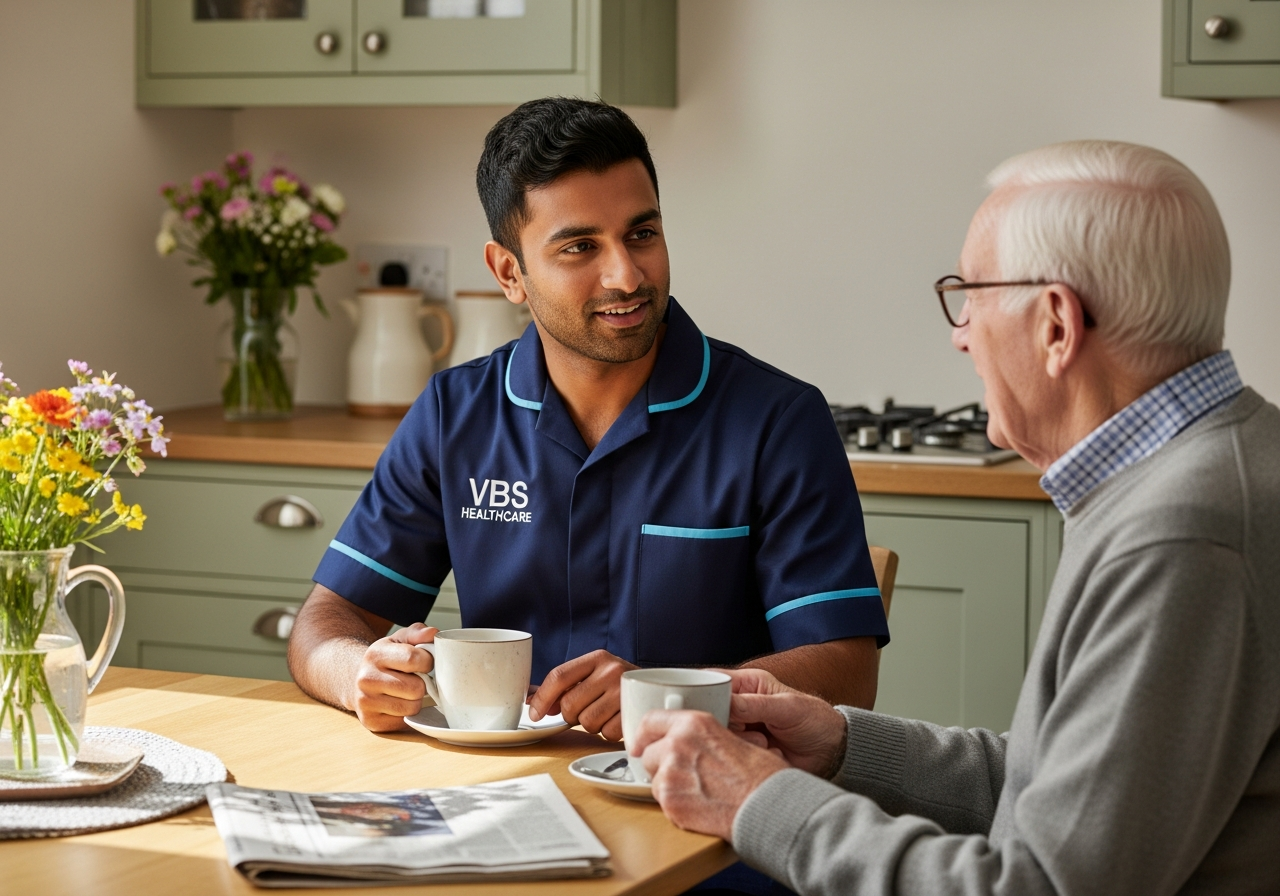VBS Healthcare care advisor smiling while replying to an email at a clean modern desk in a bright Oxfordshire office