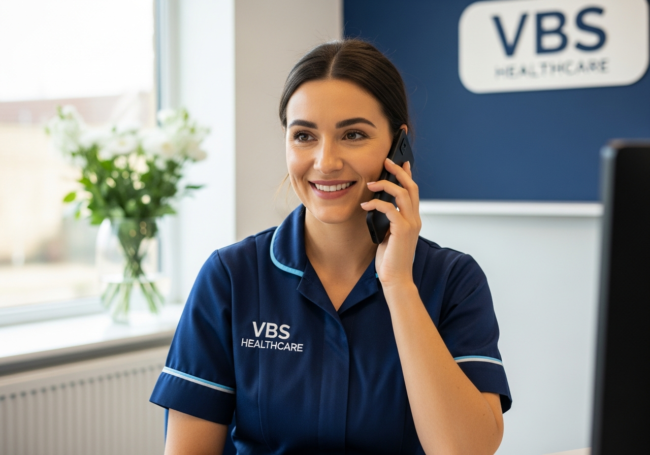 VBS Healthcare care advisor smiling on the phone at a clean modern desk in a bright Oxfordshire office reception