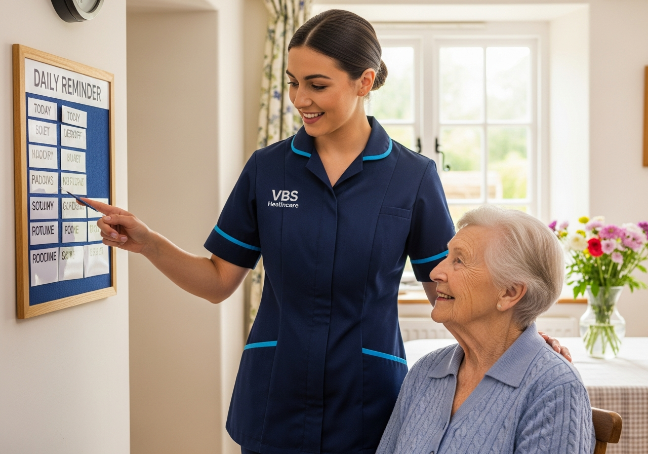 VBS Healthcare carer helping an older woman with a daily reminder board in a bright Oxfordshire cottage kitchen