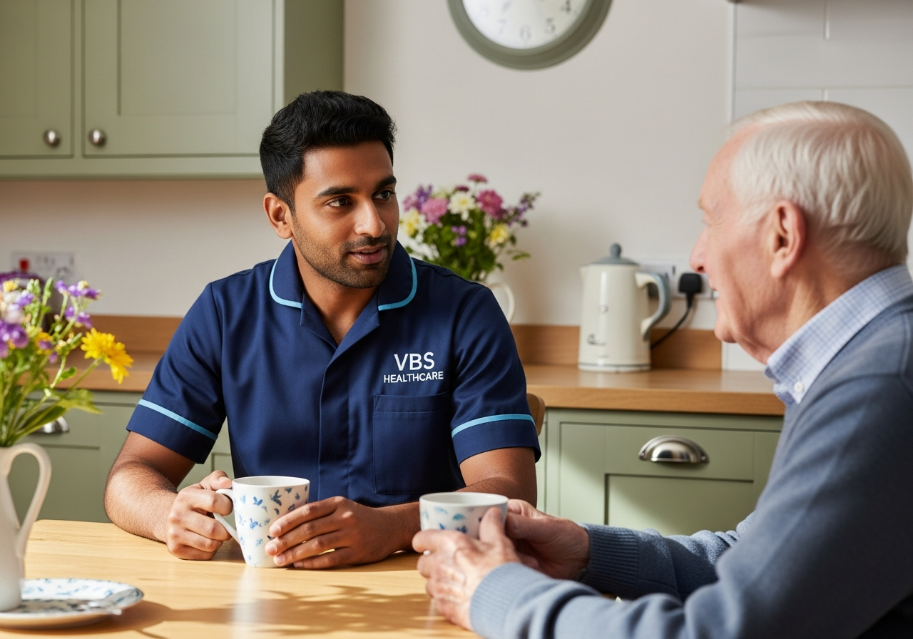 VBS Healthcare carer listening warmly to an older man over tea at a sunlit Oxfordshire kitchen table