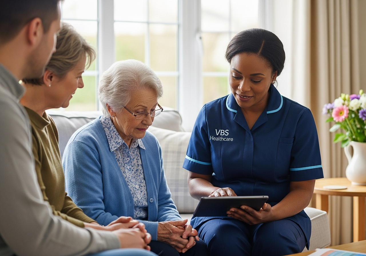 VBS Healthcare senior carer reviewing a dementia care plan on a tablet with an older woman and her family in an Oxfordshire living room