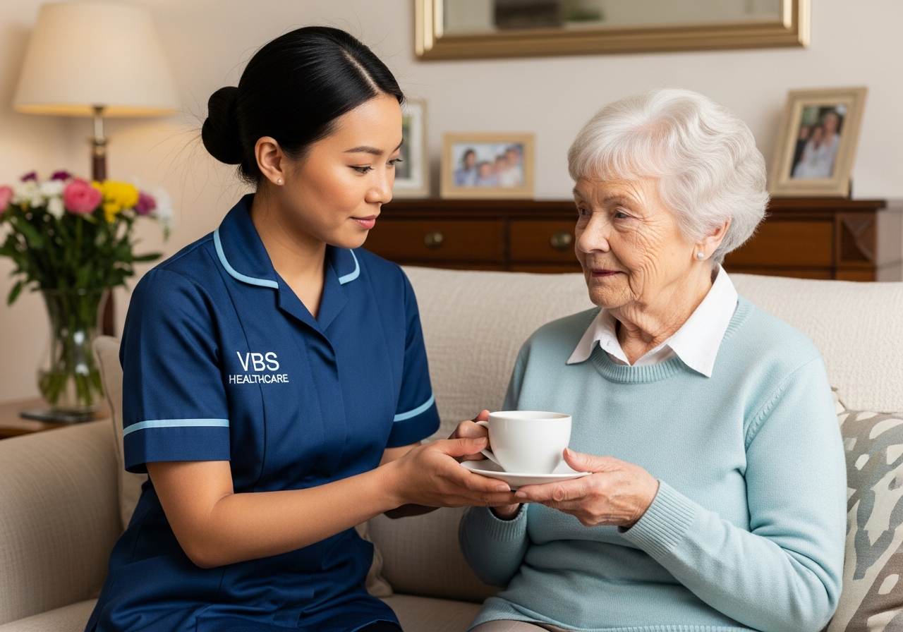 VBS Healthcare carer gently helping an older woman hold a cup of tea on a sofa in a calm Oxfordshire living room