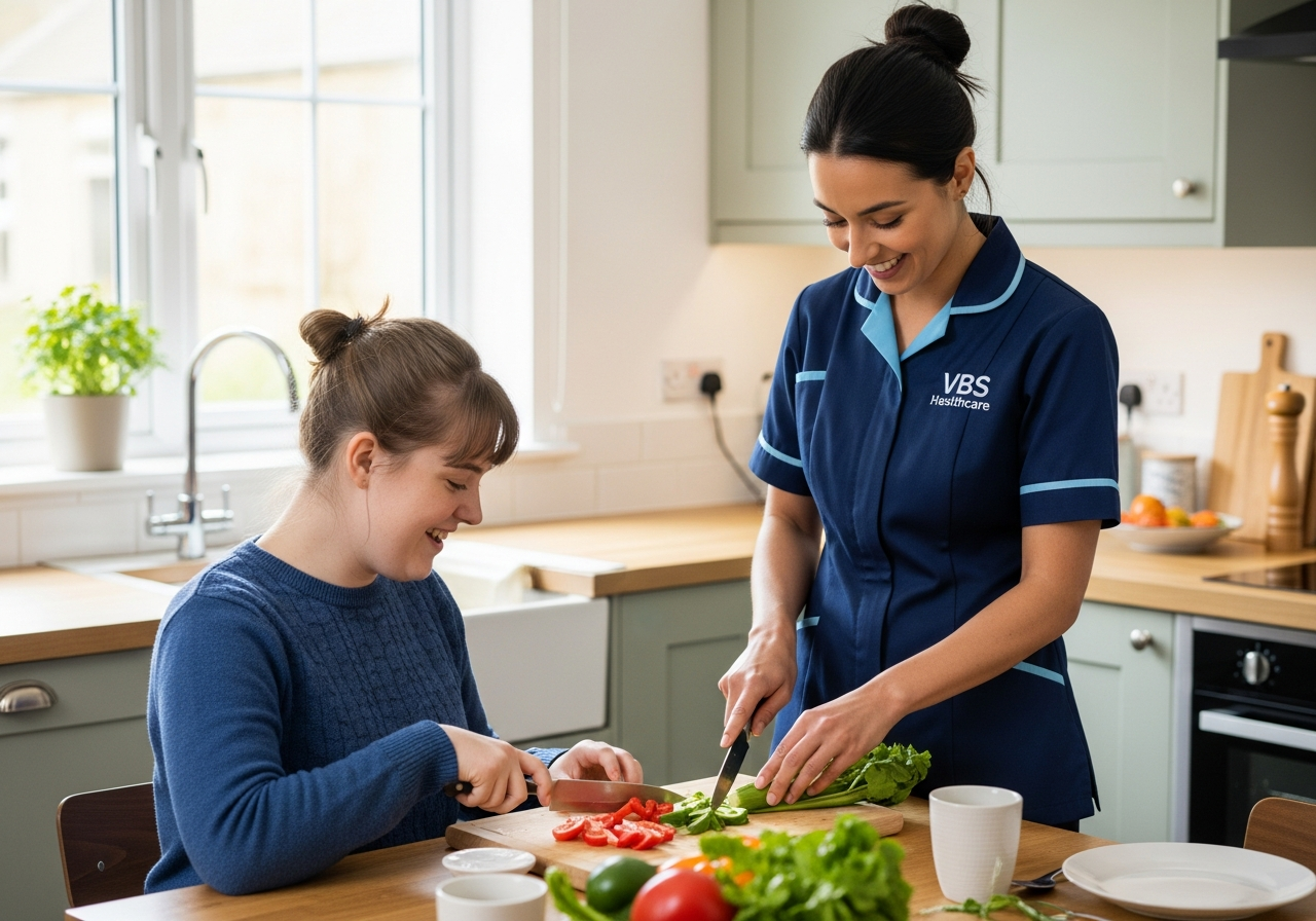 VBS Healthcare support worker helping an adult man sort shopping into kitchen cupboards in a bright Oxfordshire kitchen