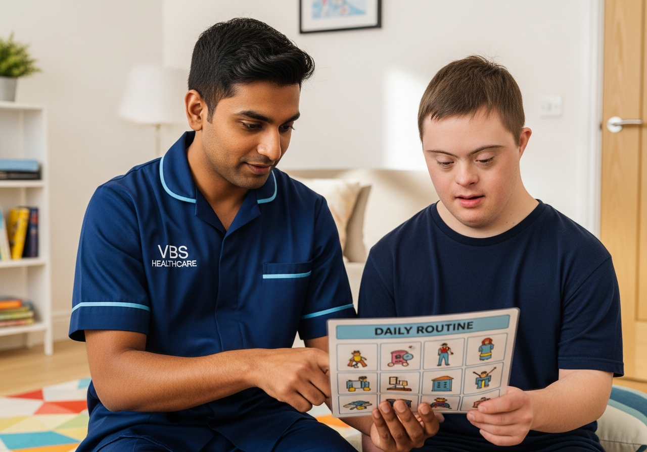 VBS Healthcare support worker following an easy-read recipe with an adult woman at a sunlit Oxfordshire kitchen table