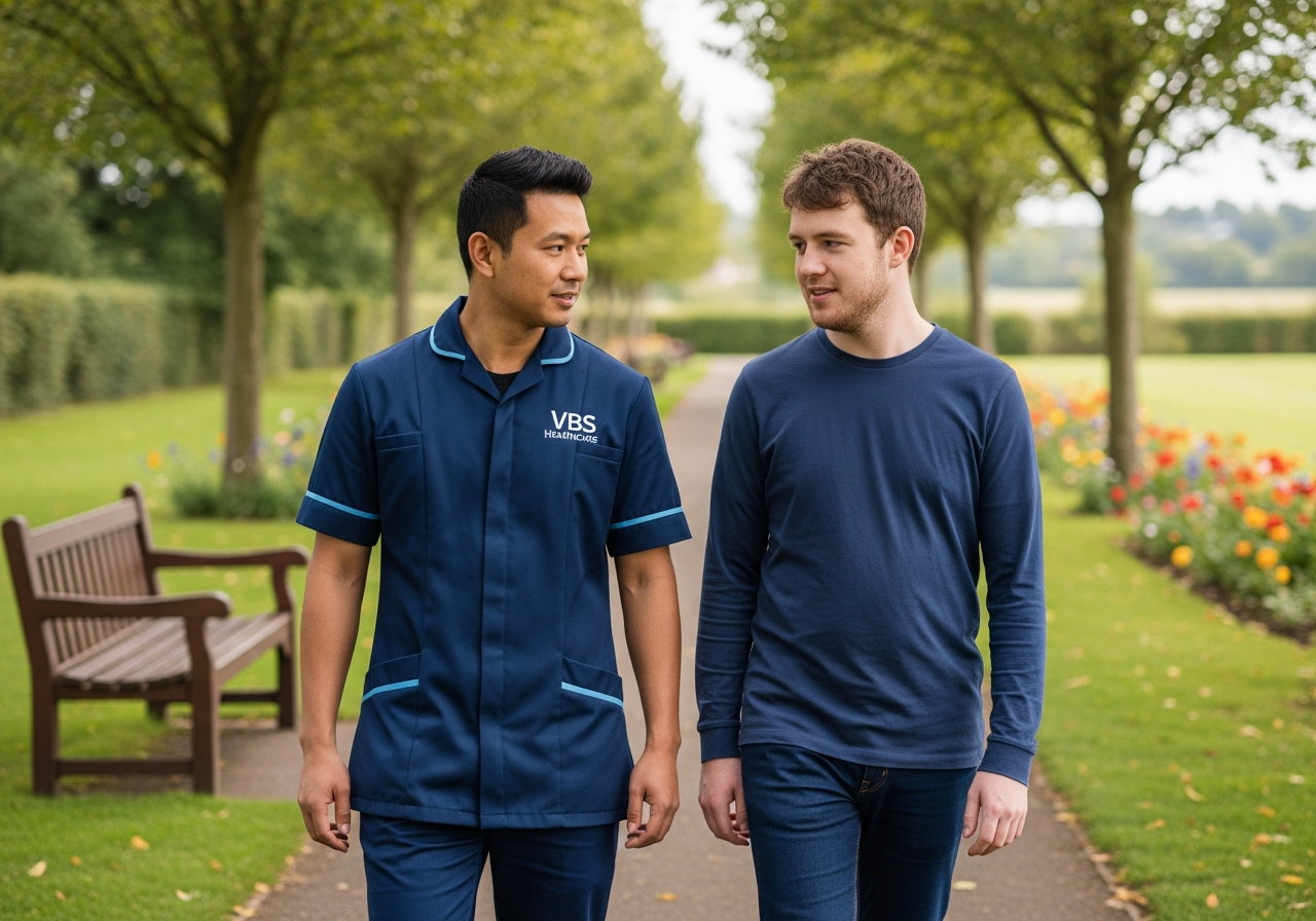 VBS Healthcare support worker walking calmly alongside an adult woman through a softly lit Oxfordshire village high street