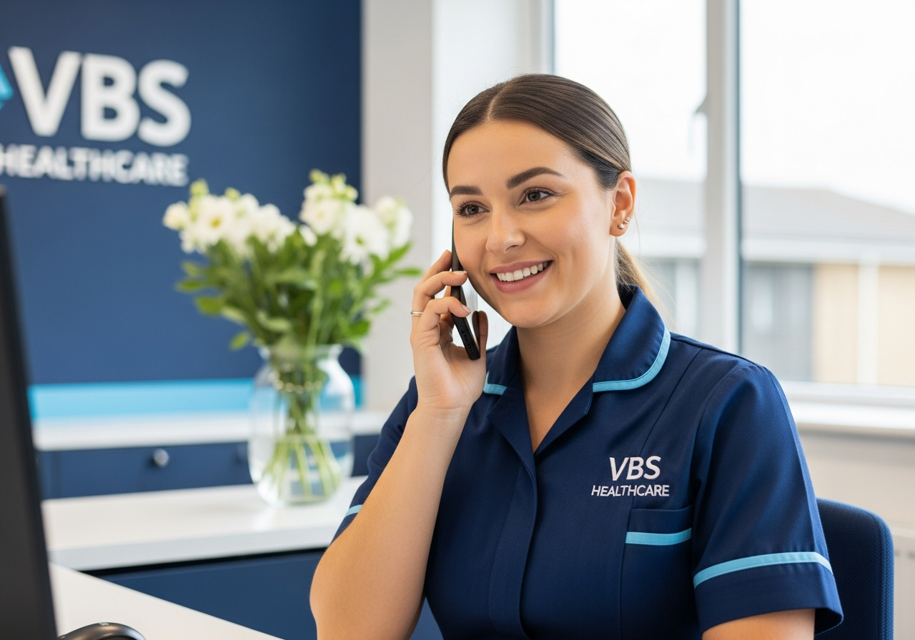 VBS Healthcare care advisor smiling on the phone at a clean modern desk in a bright Oxfordshire office reception