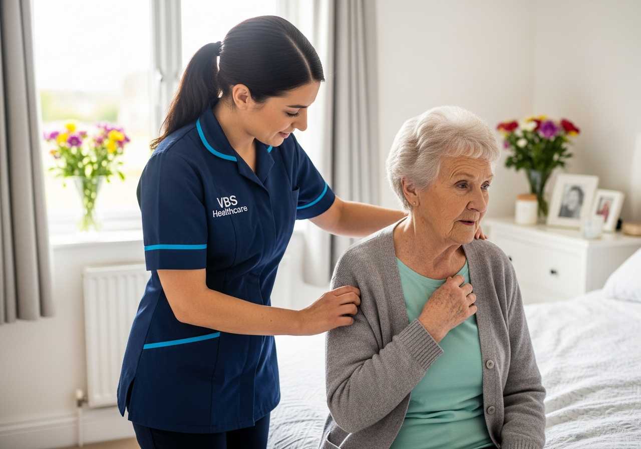 VBS Healthcare live-in carer helping an older woman with a cardigan in a sunlit Oxfordshire bedroom