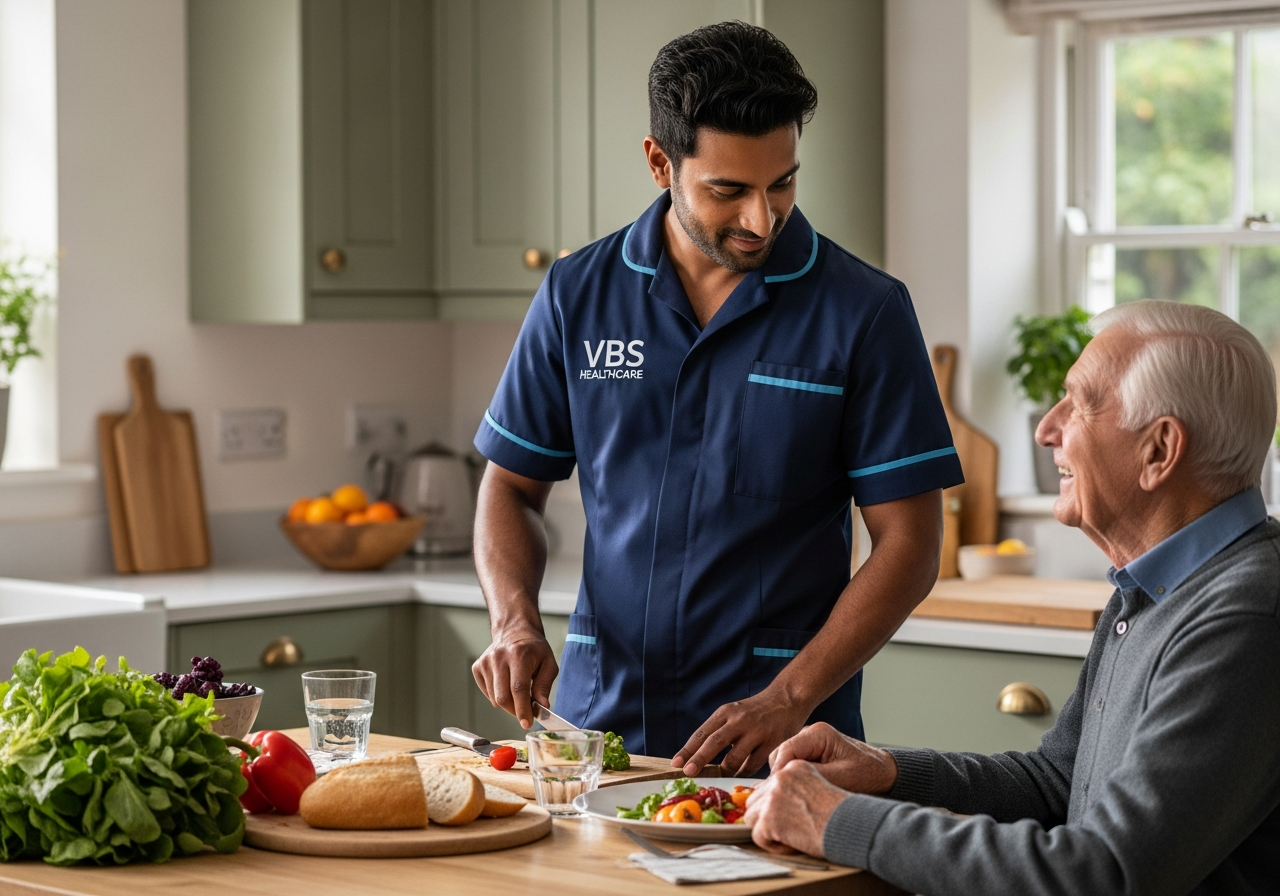 VBS Healthcare live-in carer preparing an evening meal while an older man chats with him at a sunlit Oxfordshire kitchen