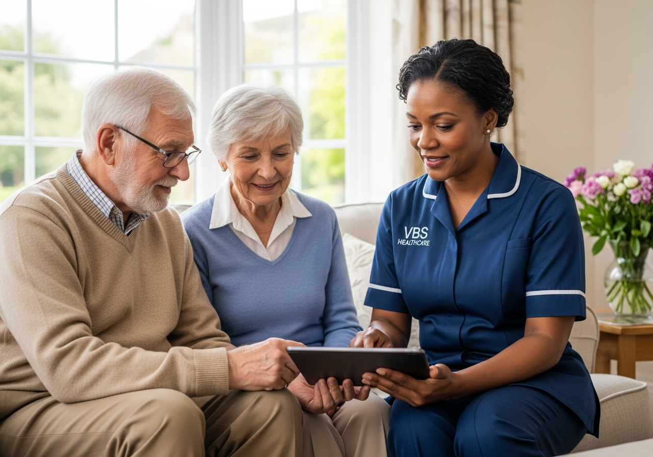 VBS Healthcare senior carer reviewing a live-in care plan on a tablet with an older couple in an Oxfordshire living room