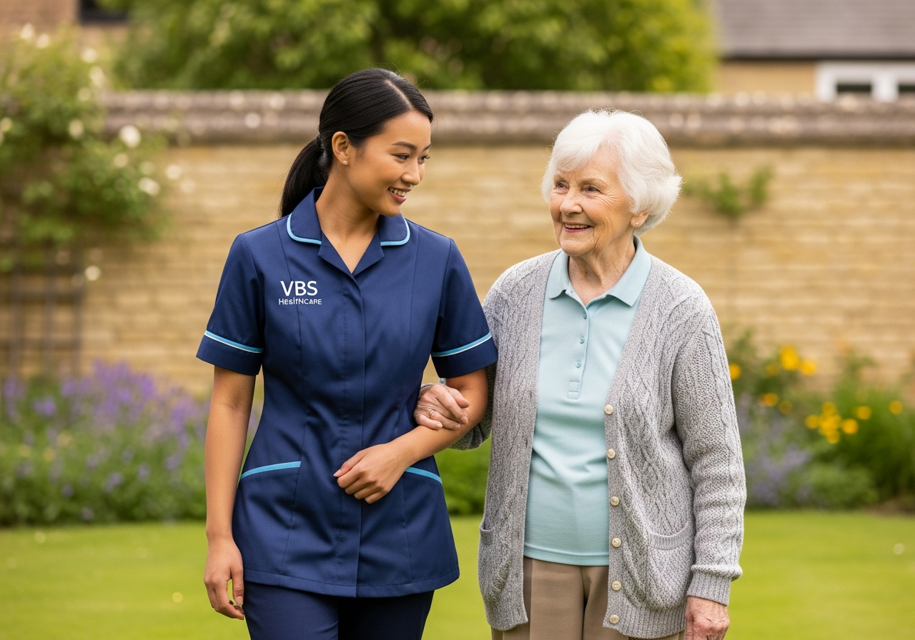 VBS Healthcare live-in carer walking arm-in-arm with an older woman through a softly lit Oxfordshire back garden