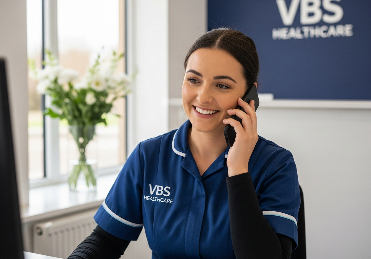 VBS Healthcare care advisor smiling on the phone at a clean modern desk in a bright Oxfordshire office reception