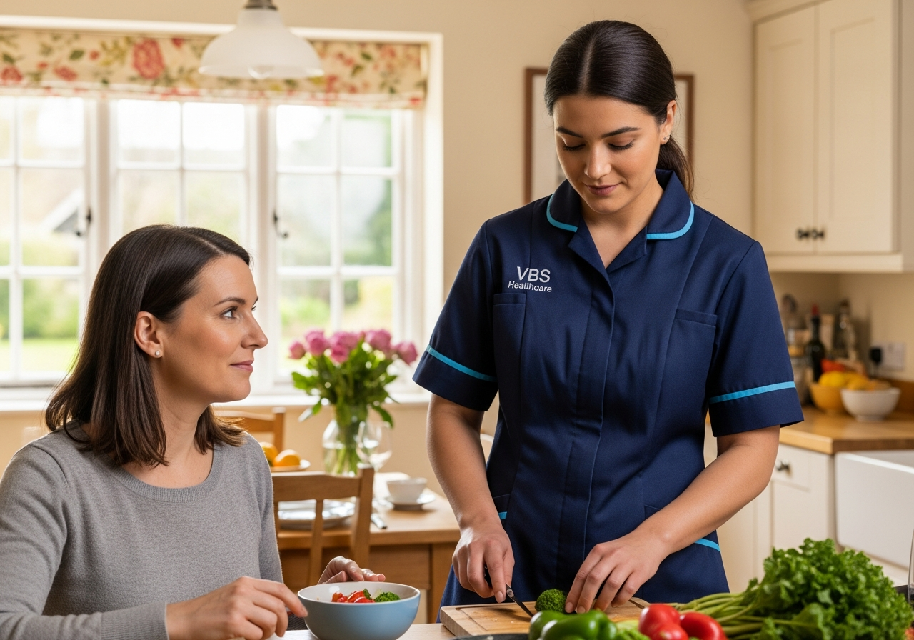 VBS Healthcare support worker preparing a simple lunch alongside an adult woman in a sunlit Oxfordshire kitchen