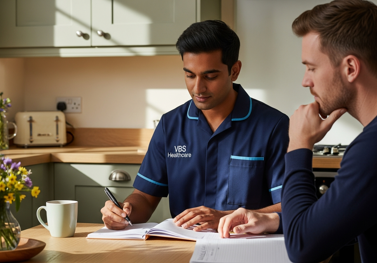 VBS Healthcare support worker reviewing a weekly planner with an adult man at a sunlit Oxfordshire kitchen table