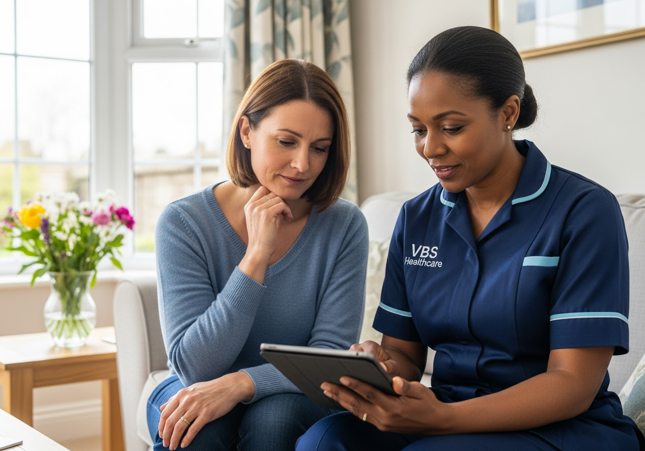 VBS Healthcare senior support worker reviewing a wellbeing plan on a tablet with an adult woman in an Oxfordshire living room