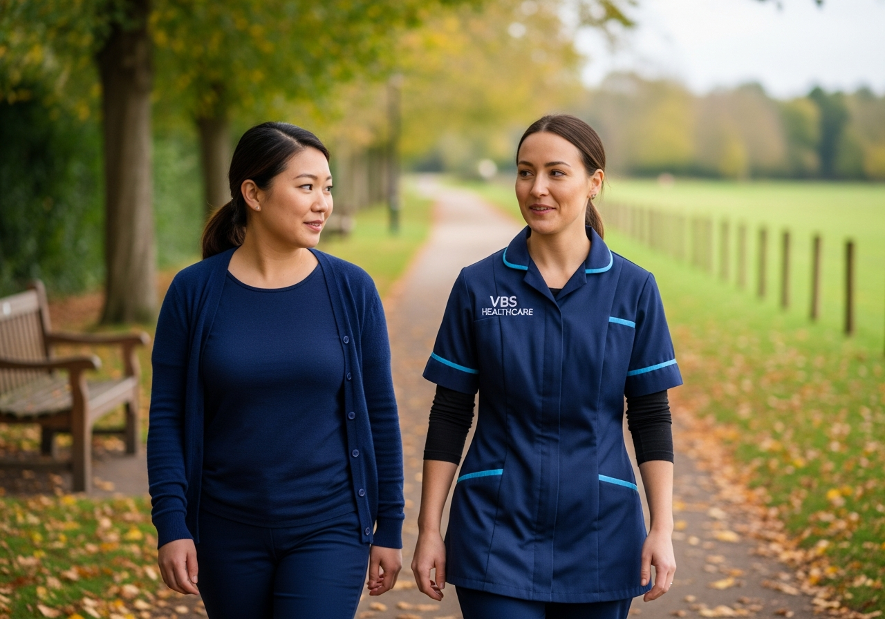 VBS Healthcare support worker walking calmly alongside an adult woman through a softly lit Oxfordshire village park