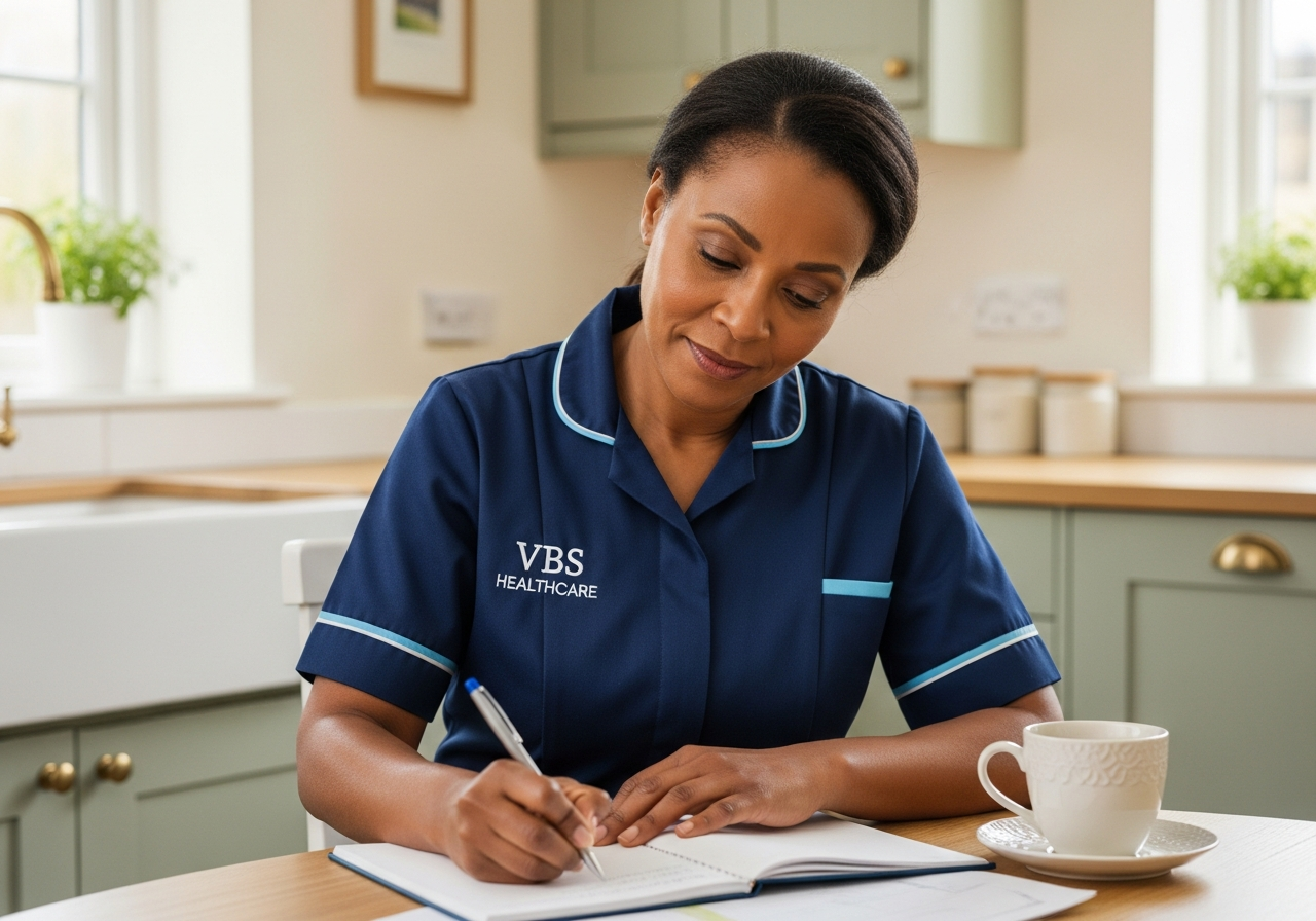 VBS Healthcare overnight carer reviewing a care plan with a client in Oxfordshire