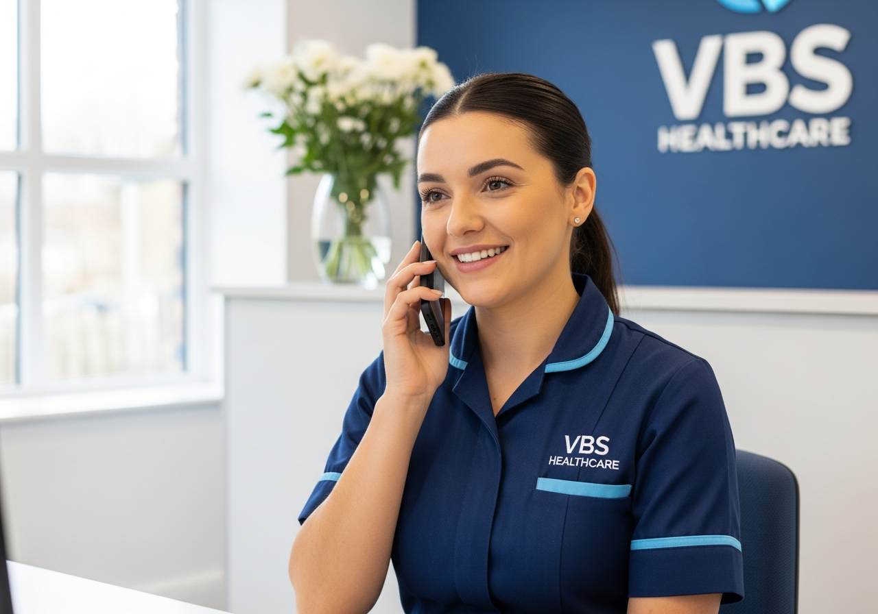 VBS Healthcare care advisor smiling on the phone at a clean modern desk in a bright Oxfordshire office reception