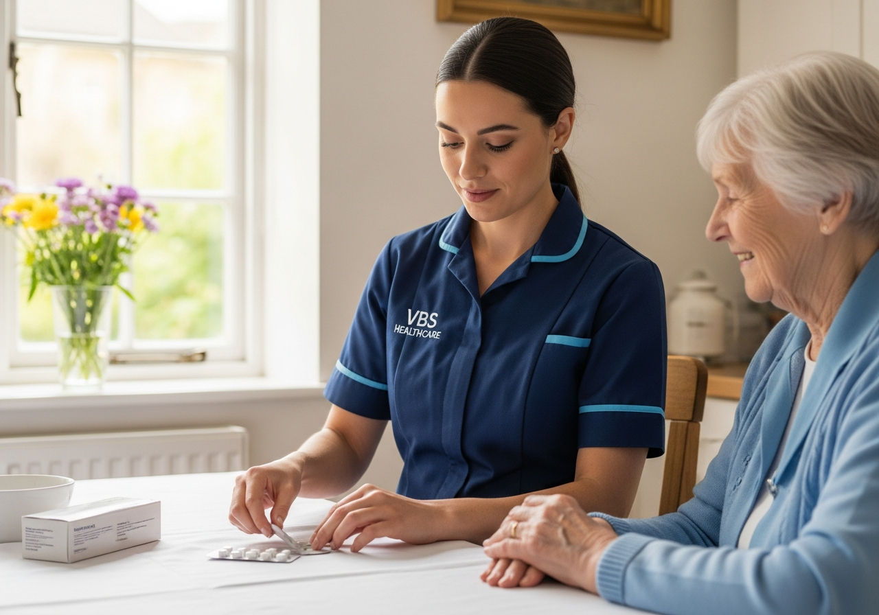 VBS Healthcare carer organising a medication blister pack with an older woman at an Oxfordshire kitchen table