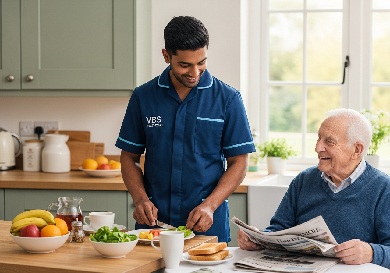 VBS Healthcare carer preparing breakfast for an older man at a sunlit Oxfordshire kitchen counter