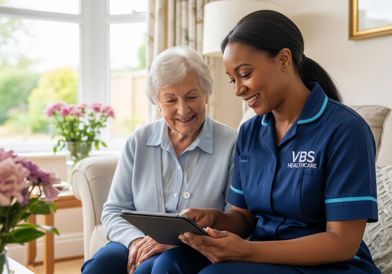 VBS Healthcare senior carer reviewing a care plan on a tablet with an older woman in an Oxfordshire living room