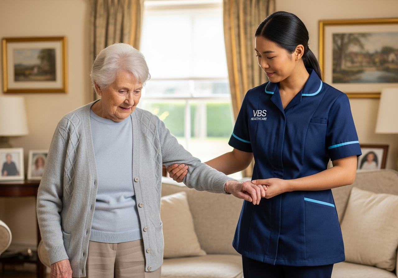 VBS Healthcare carer supporting an older woman walking across a sunlit Oxfordshire living room