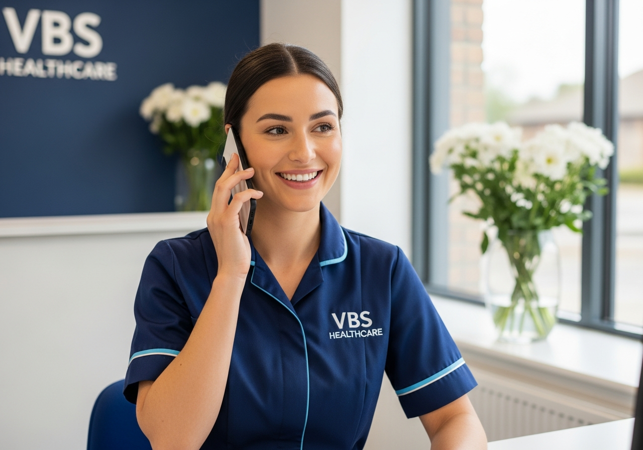 VBS Healthcare care advisor smiling on the phone at a clean modern desk in a bright Oxfordshire office reception