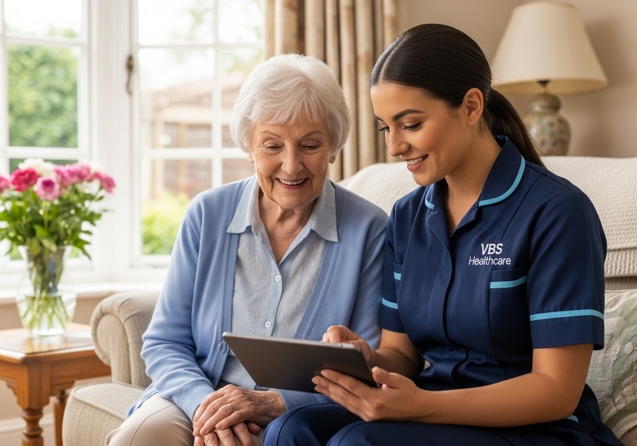 VBS Healthcare carer reviewing a daily routine on a tablet with an older woman in a sunlit Oxfordshire living room