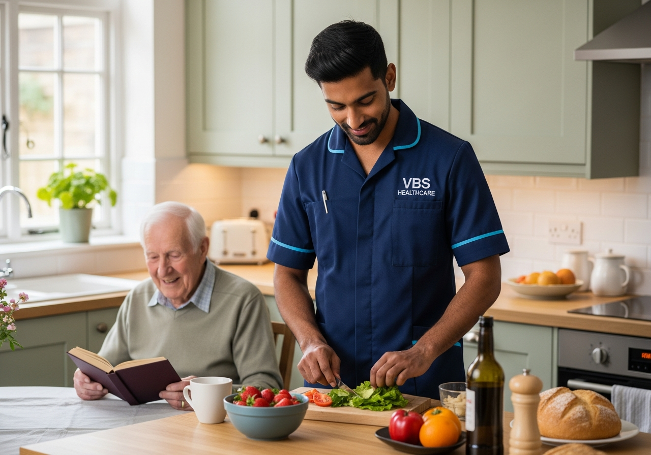 VBS Healthcare carer preparing lunch for an older man at a sunlit Oxfordshire kitchen counter