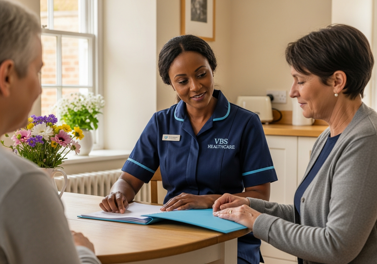 VBS Healthcare senior carer reviewing a respite handover folder with a family member at an Oxfordshire kitchen table