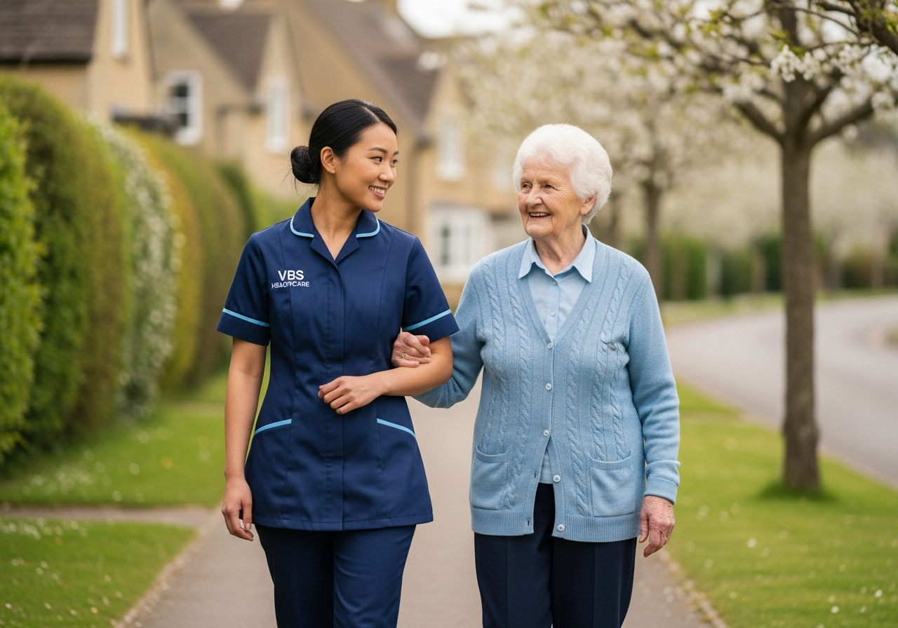 VBS Healthcare carer walking arm-in-arm with an older woman along a leafy Oxfordshire residential street