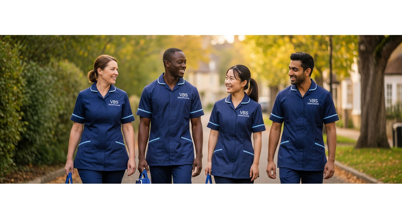 Four diverse VBS Healthcare carers in matching navy uniforms walking together along a tree-lined Oxfordshire street at golden hour