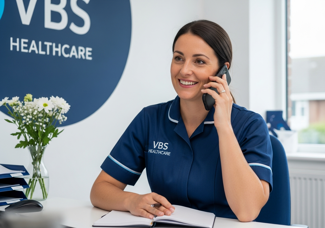 VBS Healthcare care advisor smiling on the phone at a clean modern desk in a bright Oxfordshire office