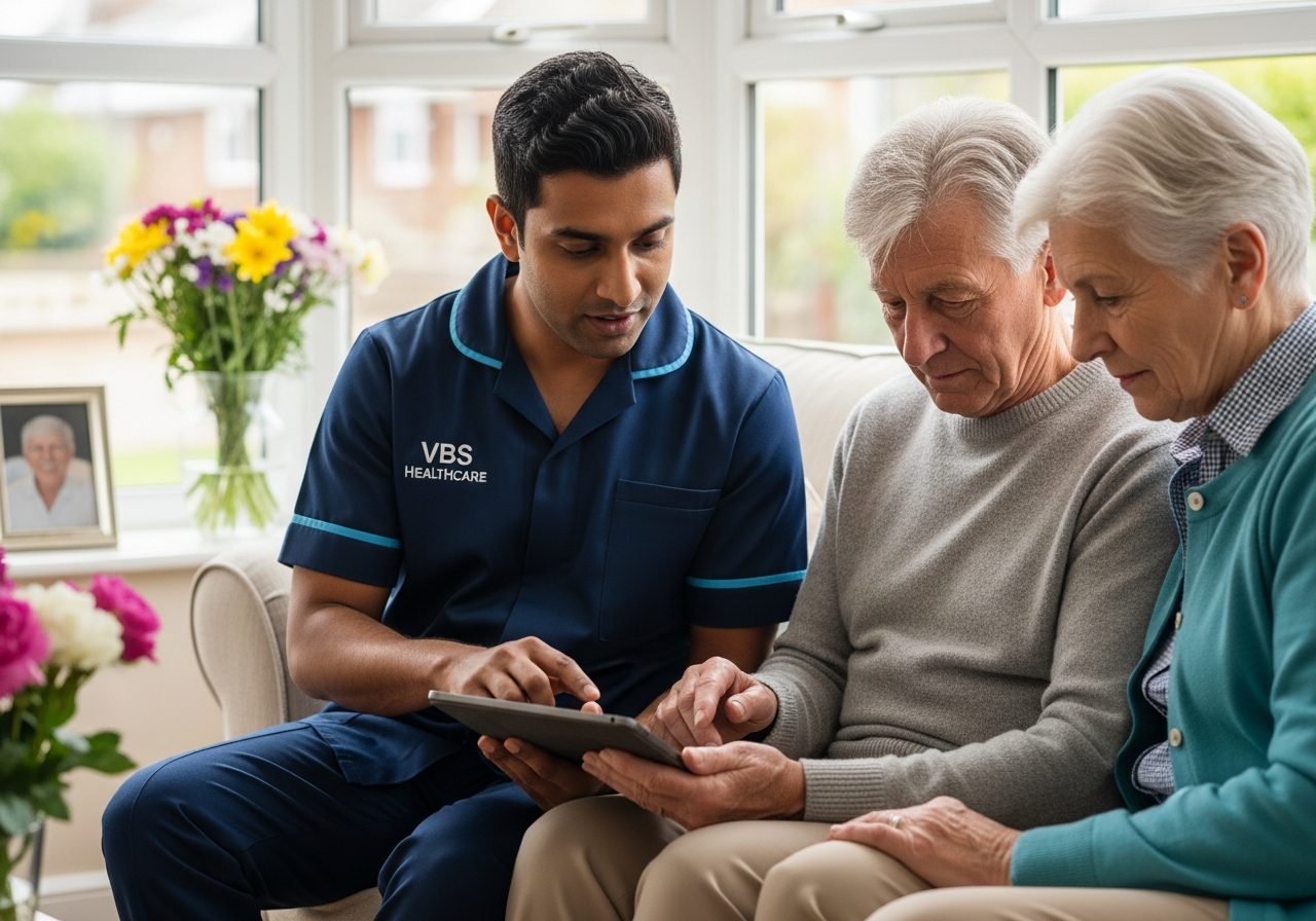 VBS Healthcare carer reviewing a personalised care plan on a tablet with an older couple in their Oxfordshire living room