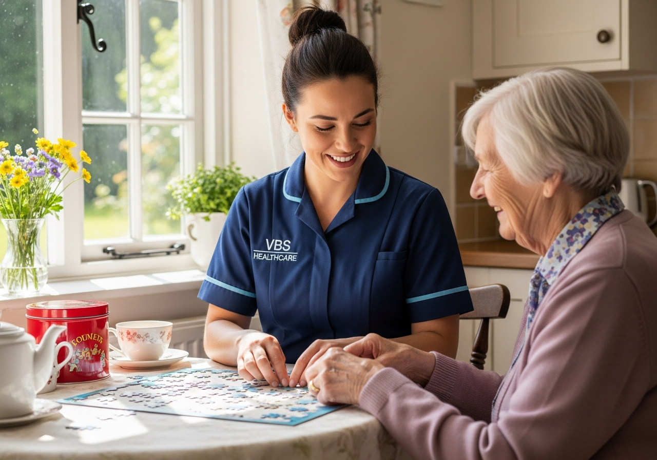 VBS Healthcare support worker helping an adult man plan a weekly food shop and budget at a bright Oxfordshire kitchen table